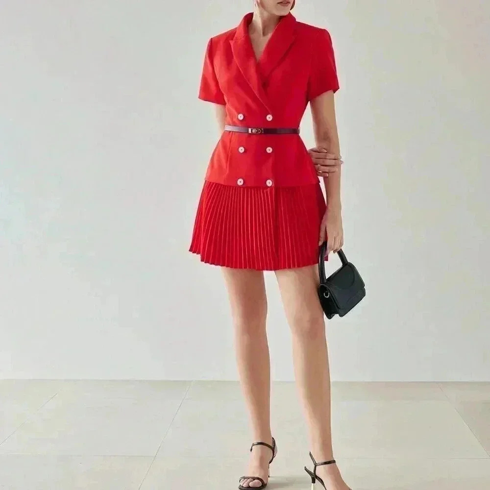 Red Elegant Women's Peak Collar Pleated Hem Double Breasted Placket Mini Dress - Picture 7 of 7